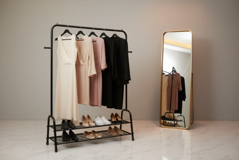 Heavy Duty Cloth Hanging Rack with 2-Tier Shoe Shelf & Side Hook