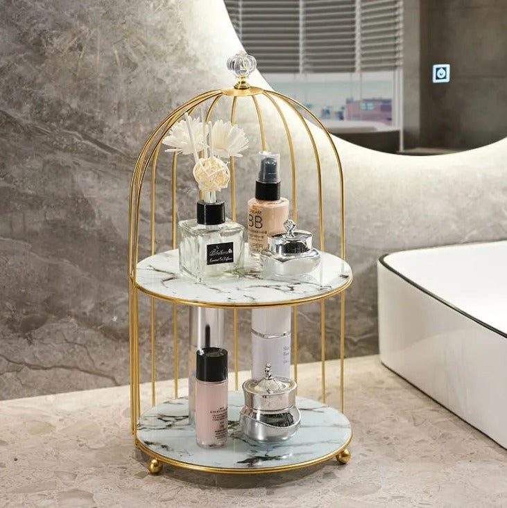 Gold Birdcage two tier Shelf Organizer with White Marble Shelves