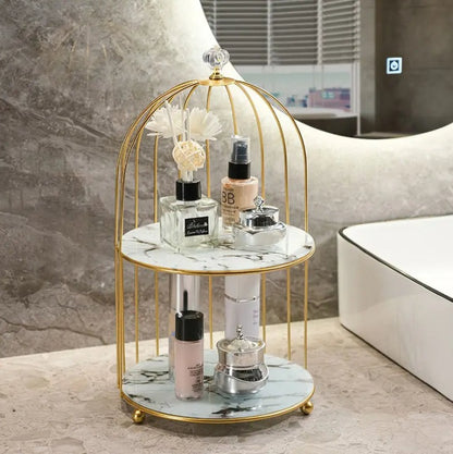 Gold Birdcage two tier Shelf Organizer with White Marble Shelves