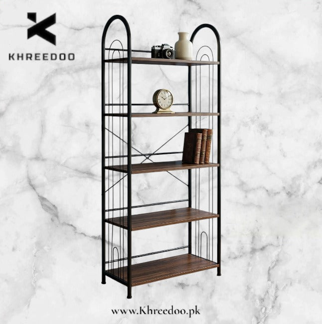 5-Tier Metal Book Rack with Wooden Shelves | Modern Bookshelf & Decorative Storage Stand for Home, Office, Bedroom and Living Room