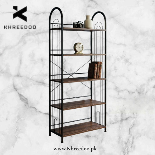 5-Tier Metal Book Rack with Wooden Shelves | Modern Bookshelf & Decorative Storage Stand for Home, Office, Bedroom and Living Room