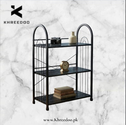 3-Tier Metal Book Rack with Wooden Shelves | Modern Bookshelf & Decorative Storage Stand for Home, Office, Bedroom and Living Room