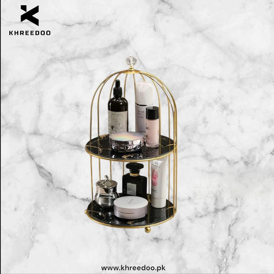 Gold Birdcage two tier Shelf Organizer with White Marble Shelves