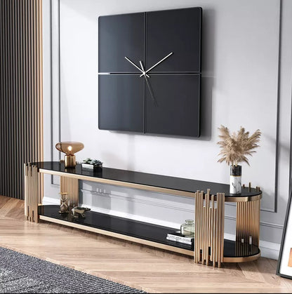 Luxury Gold Metal TV Console Table with Wooden Marble Texture Sheet - Modern Entertainment Stand