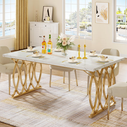 Western Style Modern Wooden Luxury Rectangular Dining Table – 4 to 6 Seater, White and Gold Marble Finish ( Dining Table only)