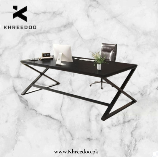 Elevate Executive Computer Desk, black powder-coated metal meets a sleek & wooden marble texture sheet