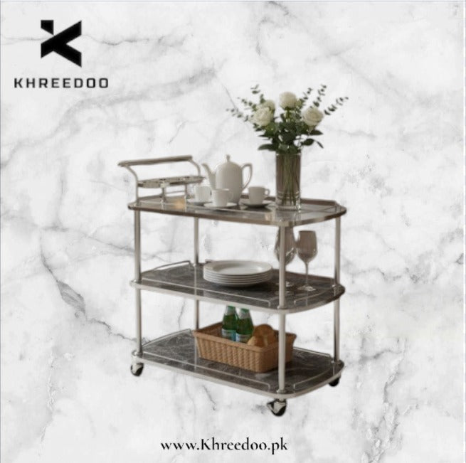 3-Tier Dark Grey wooden Marble sheet & Serving Trolley