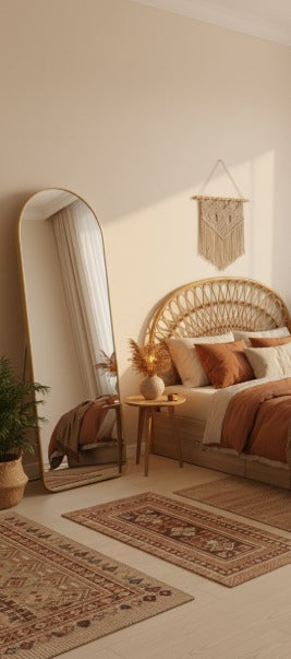 Neatly arranged bedroom with a bed, mirror, and decorative elements.