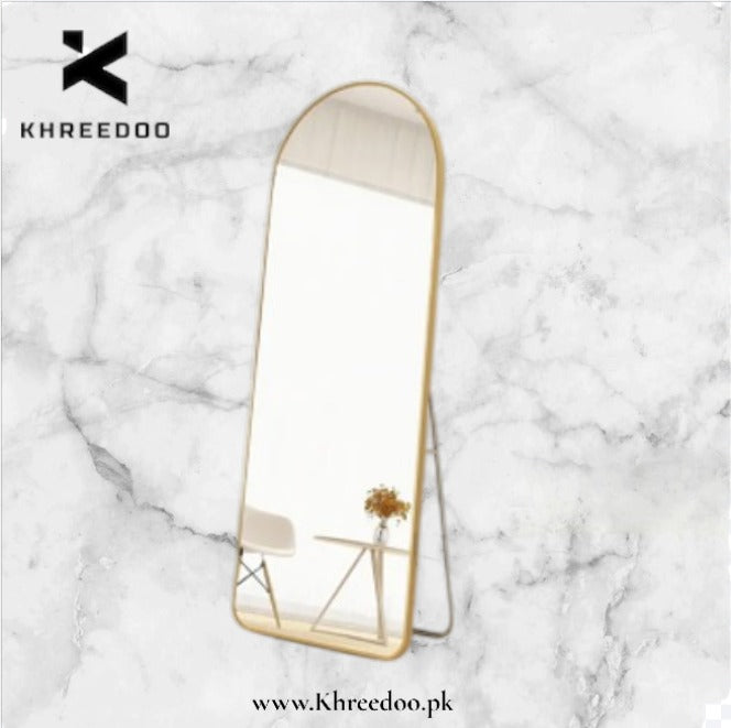 Floor mirror with gold frame on a marble background, branded 'Khreedoo'.