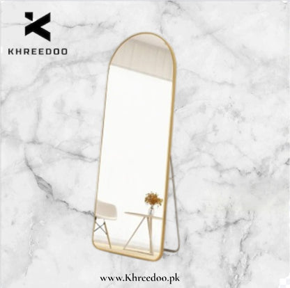 Floor mirror with gold frame on a marble background, branded 'Khreedoo'.