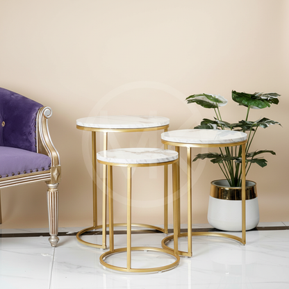 Premium 3-Piece Round Nesting Tables with Gold Metal Frame and Marble Tops