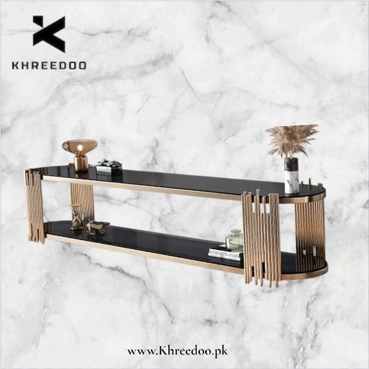 Luxury Gold Metal TV Console Table with Wooden Marble Texture Sheet - Modern Entertainment Stand