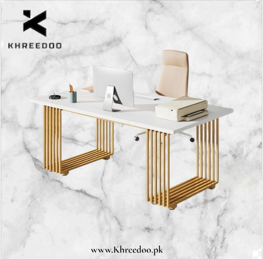 LuxeLine Gold Frame Executive Computer Desk – Elegant Minimalist Workspace Table for Modern Offices and Home Setups