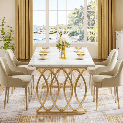 Western Style Modern Wooden Luxury Rectangular Dining Table – 4 to 6 Seater, White and Gold Marble Finish ( Dining Table only)