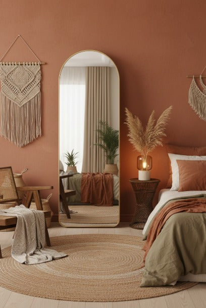 Cozy bedroom with a large mirror, bed, and decorative elements on a warm-toned wall.