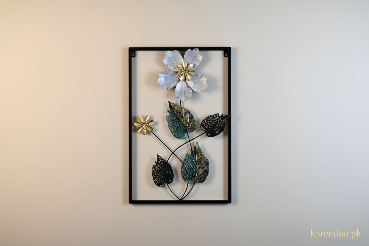 Metal floral wall art with silver blue flower and gold accents - Khreedoo.pk