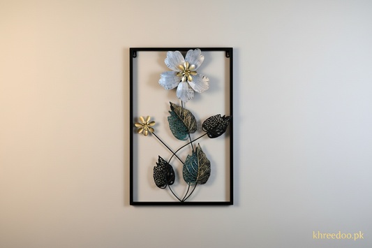 Metal floral wall art with silver blue flower and gold accents - Khreedoo.pk