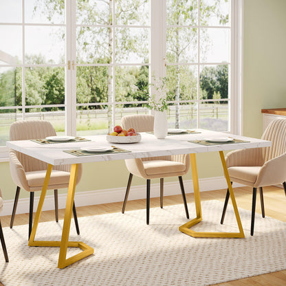 Dream Dining – Rectangular White Kitchen & Dining Table with Gold Metal Base (Dining table only)