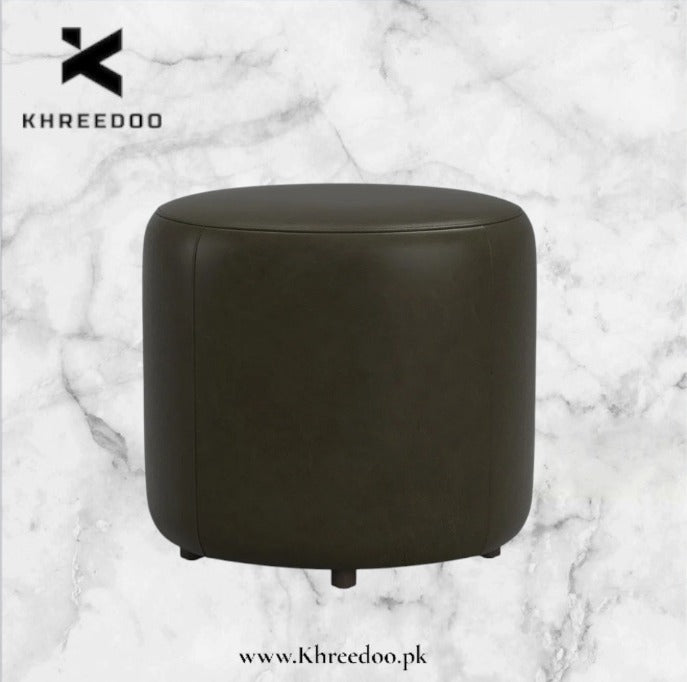 Premium Dark Olive Green Round Leather Ottoman | Luxury Cylindrical Footrest Pouf Stool for Living Room,