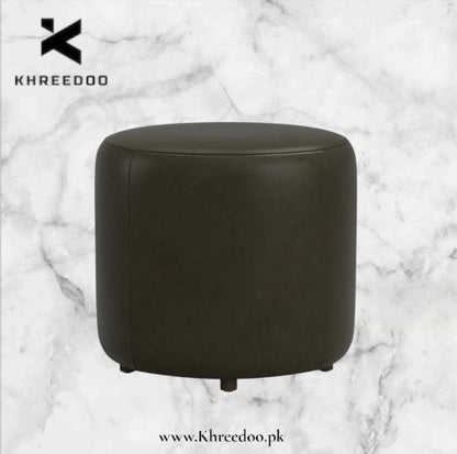 Premium Dark Olive Green Round Leather Ottoman | Luxury Cylindrical Footrest Pouf Stool for Living Room,