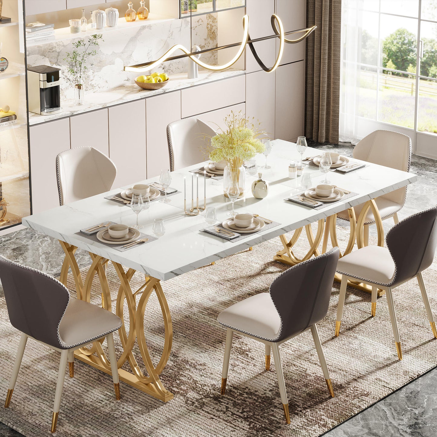 Western Style Modern Wooden Luxury Rectangular Dining Table – 4 to 6 Seater, White and Gold Marble Finish ( Dining Table only)