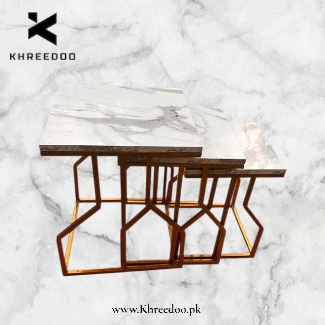 Contemporary Golden Metal Frame Nesting Tables with High-Quality Marble Texture Tops Premium Interior Styling