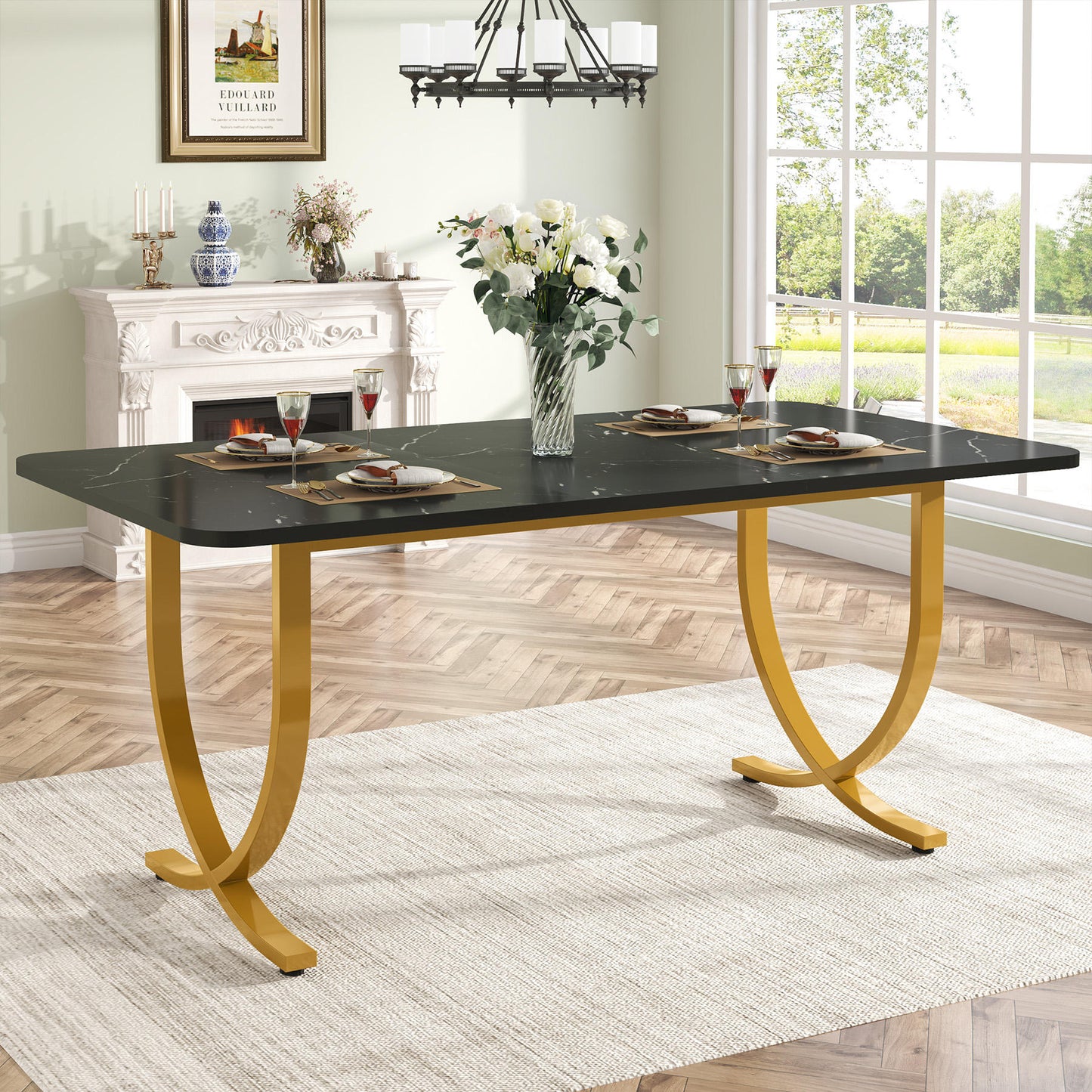 Contemporary Modern Wooden Luxury Dining Table – Rectangular 4 to 6 Seater, Black Faux Marble Top with Gold Base (Dining table only)