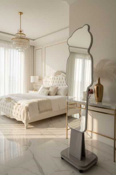 Modern bedroom with a large floor mirror and elegant decor