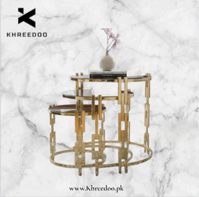 Gold Nesting Table Set with Black Glass Tops - Modern Living Room Furniture