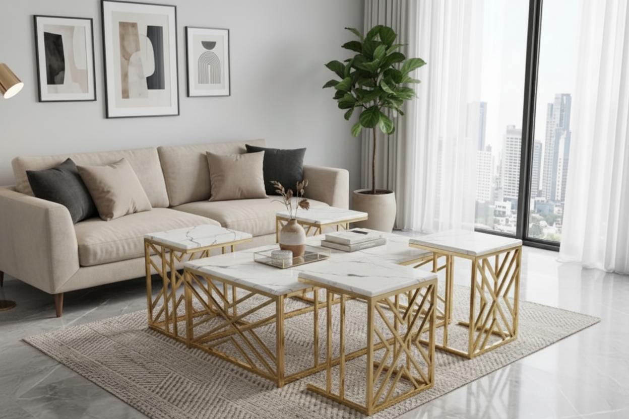 Gold X-Frame Nesting Coffee Table Set – White Marble Texture Top in luxury living room