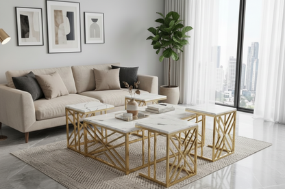 Gold X-Frame Nesting Coffee Table Set – White Marble Texture Top in luxury living room