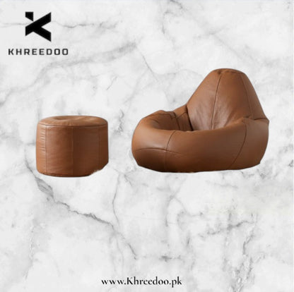Premium Tan Brown Leather Bean Bag Chair with Ottoman Footrest Set | Luxury Ergonomic Lounge Sofa Seat for Bedroom