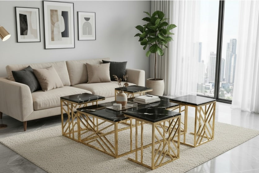 Gold X-Frame Nesting Coffee Table Set – Black Wooden Marble Texture Top
