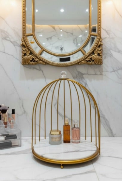 Elegant Single Shelf Gold Birdcage Vanity Organizer for Luxury Perfumes and Skincare.