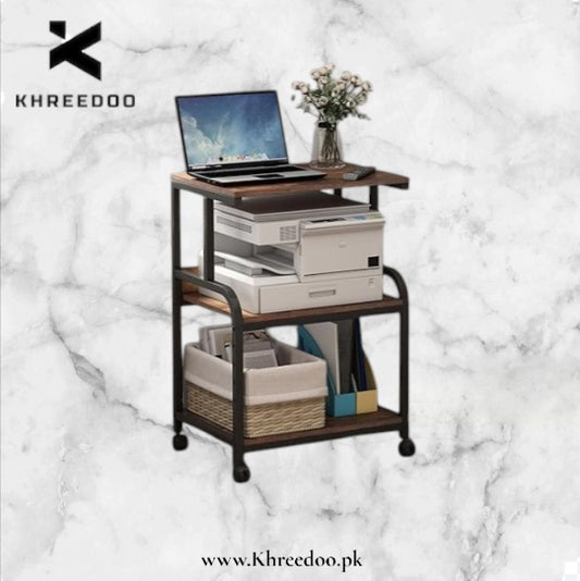 FlexiCore 3-Tier Compact Computer Desk Trolley – Space-Saving Multi-Level Workstation with Storage Shelves for Home and Office Use