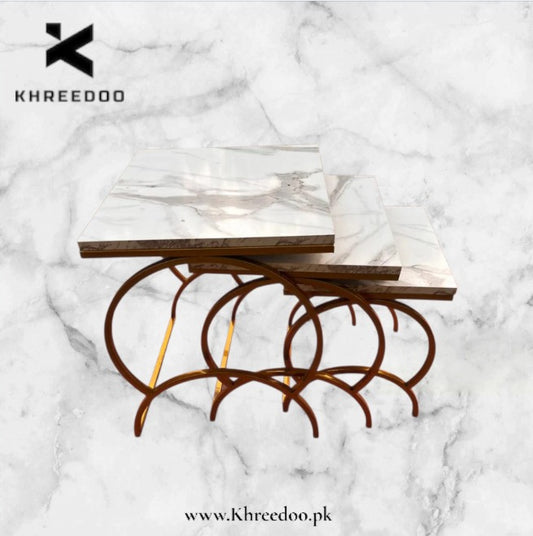 Luxury Nesting Table Set - Gold Metal Base with Marble Texture Tops