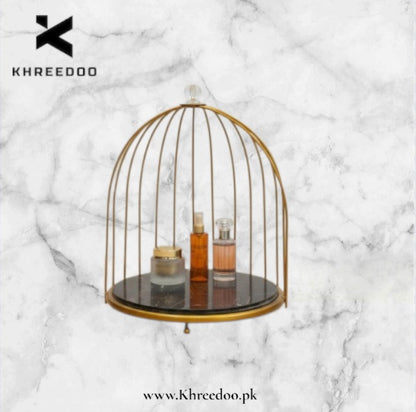 Elegant Single Shelf Gold Birdcage Vanity Organizer for Luxury Perfumes and Skincare.