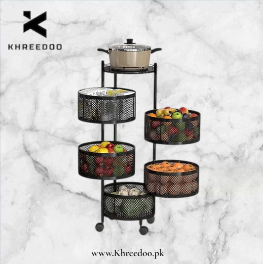 Multi-Layer Swivel Fruit and Vegetable Kitchen Organizer,3, 4, 5 Tier Round Rotating Trolley.
