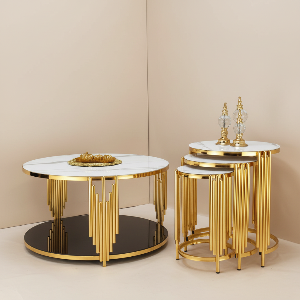 Premium Center Table with 3-Piece Nesting Tables Set - Gold Metal Frame with Marble Tops