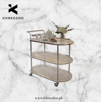 3-Tier White Wooden Marble Texture sheet & Tea Serving Trolley