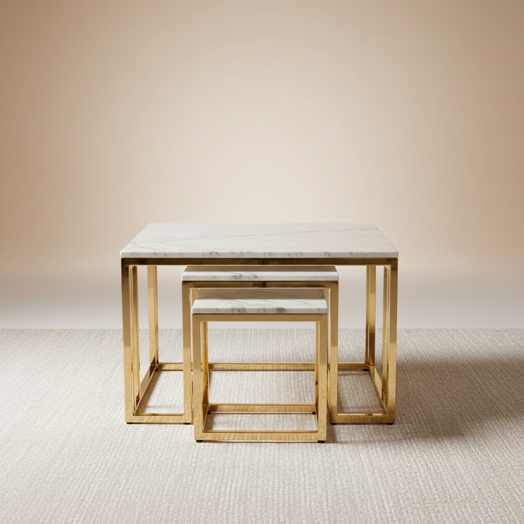 Square center table with gold nesting tables set - complete view