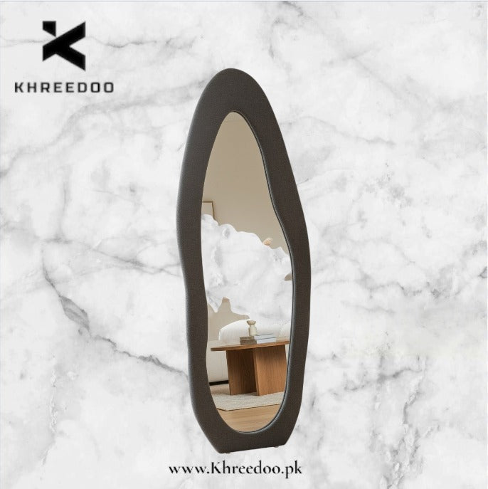 Asymmetric Oval Standing Mirror – Bouclé fabric Upholstered Frame