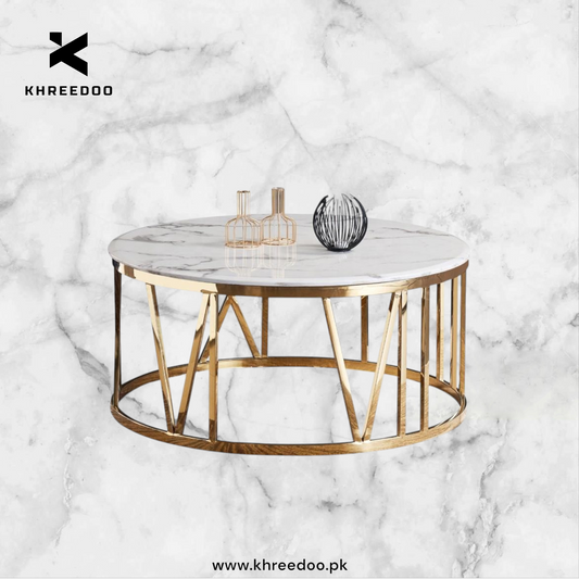Luxury Center Table  White Marble texture top  with Gold metal Base for Living Room