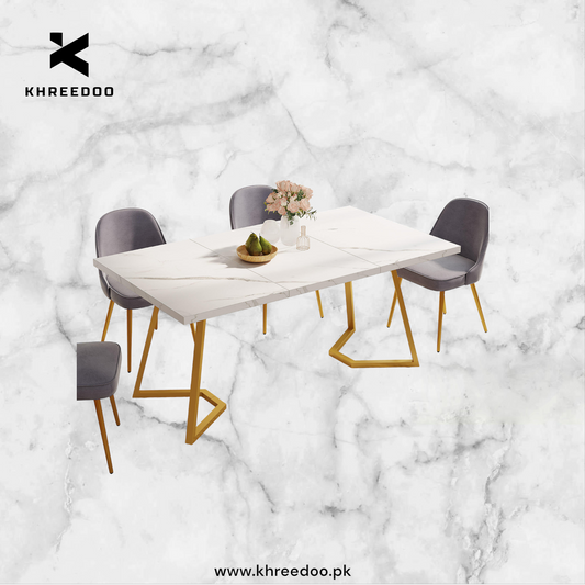 Dream Dining – Rectangular White Kitchen & Dining Table with Gold Metal Base (Dining table only)