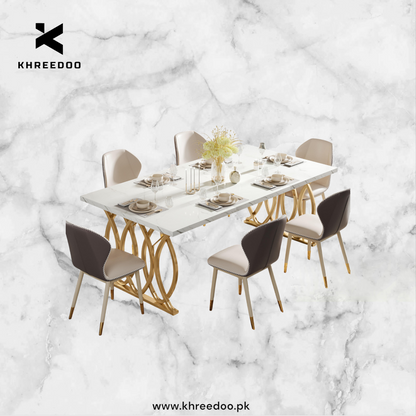 Western Style Modern Wooden Luxury Rectangular Dining Table – 4 to 6 Seater, White and Gold Marble Finish ( Dining Table only)