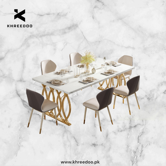 Western Style Modern Wooden Luxury Rectangular Dining Table – 4 to 6 Seater, White and Gold Marble Finish ( Dining Table only)