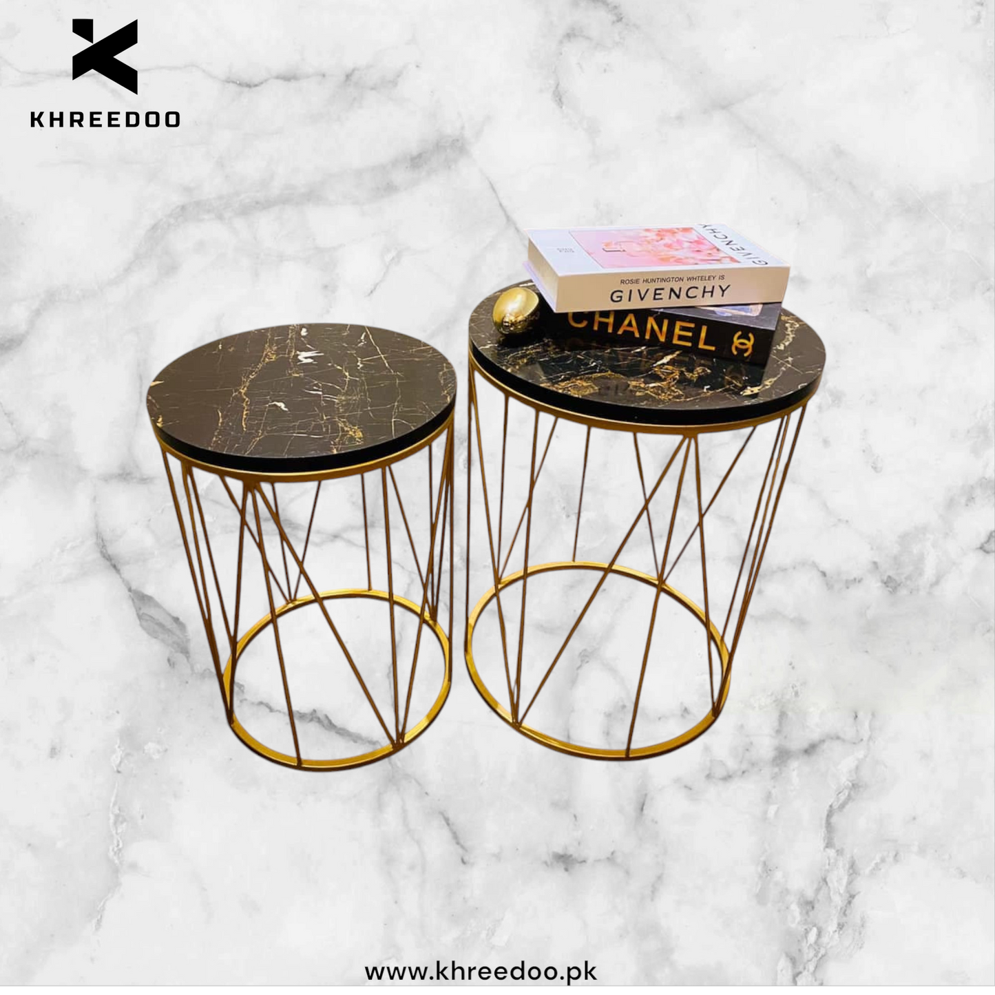 Coffee Table 2pc wooden marble texture top iron frame