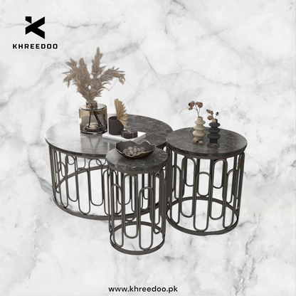 Modern Round Center Table with Coffee Tables – Wooden Marble Texture Top, Metal Legs, Living Room Decorative Metal Base Furniture (Set of 3)