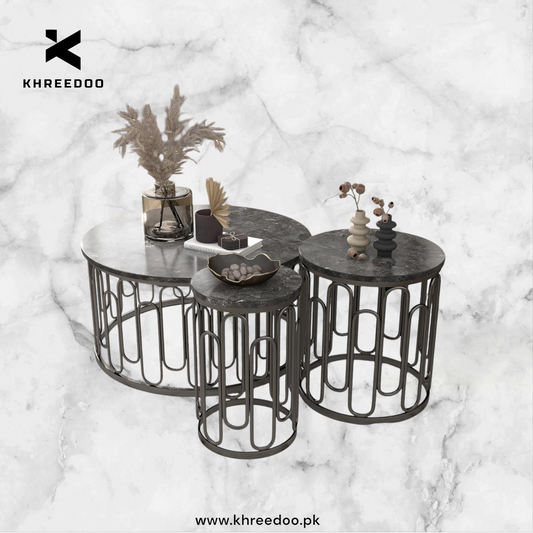 Modern Round Center Table with Coffee Tables – Wooden Marble Texture Top, Metal Legs, Living Room Decorative Metal Base Furniture (Set of 3)