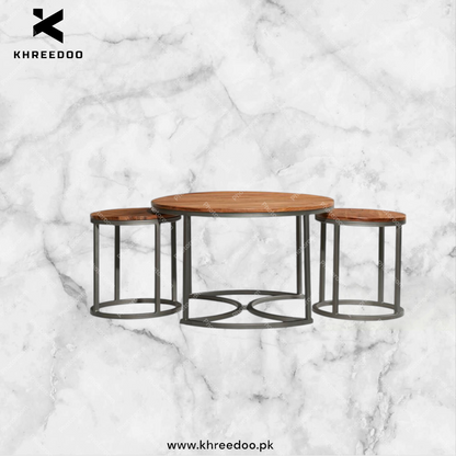 Round modern set of 3  center table for office and living room solid wood nest of table in natural finish